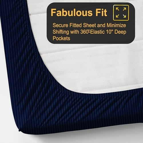 FRESH FROM LOOM 240 TC Satin Striped Soft Fitted Bedsheet King Size Bed with Two Pillow Cover|Elastic Fitted Bed Sheets|Hypoallergenic (Size - 78 x 72 Inches, Fits up to 10 Inch, Blue) - Image 4