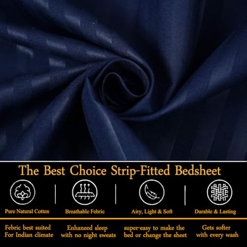 FRESH FROM LOOM 240 TC Satin Striped Soft Fitted Bedsheet King Size Bed with Two Pillow Cover|Elastic Fitted Bed Sheets|Hypoallergenic (Size - 78 x 72 Inches, Fits up to 10 Inch, Blue) - Image 3