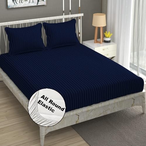 FRESH FROM LOOM 240 TC Satin Striped Soft Fitted Bedsheet King Size Bed with Two Pillow Cover|Elastic Fitted Bed Sheets|Hypoallergenic (Size - 78 x 72 Inches, Fits up to 10 Inch, Blue) - Image 1