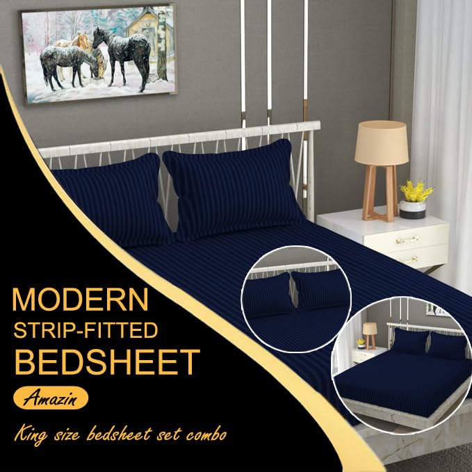 FRESH FROM LOOM 240 TC Satin Striped Soft Fitted Bedsheet King Size Bed with Two Pillow Cover|Elastic Fitted Bed Sheets|Hypoallergenic (Size - 78 x 72 Inches, Fits up to 10 Inch, Blue) - Image 2