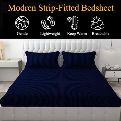 FRESH FROM LOOM 240 TC Satin Striped Soft Fitted Bedsheet King Size Bed with Two Pillow Cover|Elastic Fitted Bed Sheets|Hypoallergenic (Size - 78 x 72 Inches, Fits up to 10 Inch, Blue) - Image 5