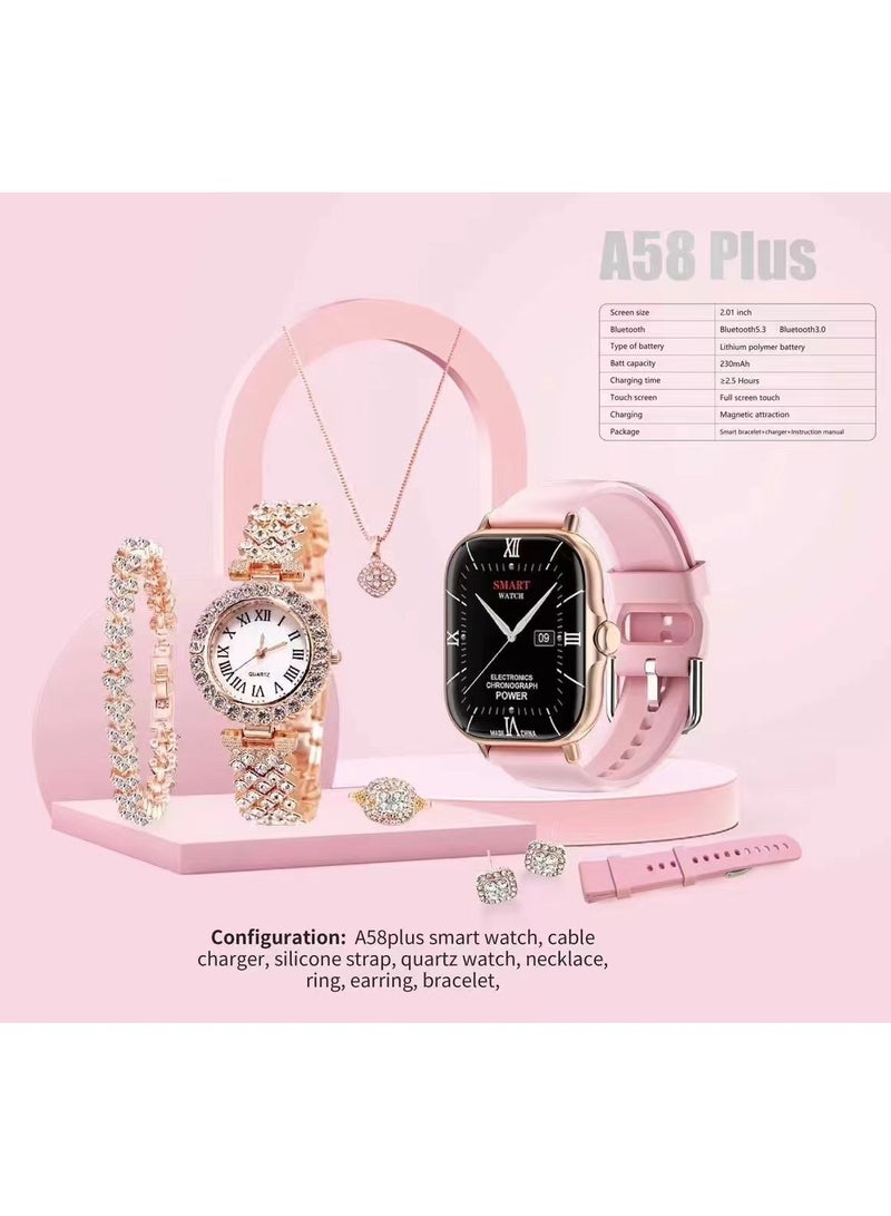 AROAQ Smart Watch A58 Plus Series Supports Bluetooth Call Ultra Long Endurance Sleep Monitoring + Additional Women's Diamond Set Small Gold Watch Necklace Ring Earrings Bracelet Set Gift Box  - Image 1