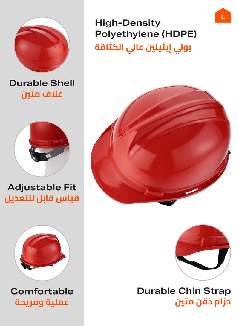 LAWAZIM Deluxe Safety Helmet - Red - HDPE Hard Hat with Reinforced Shell, 4-Point Suspension, Sweatband, and Adjustable Chin Strap - Ideal for Construction, Industrial, Warehouse, and Maintenance Use - Image 2