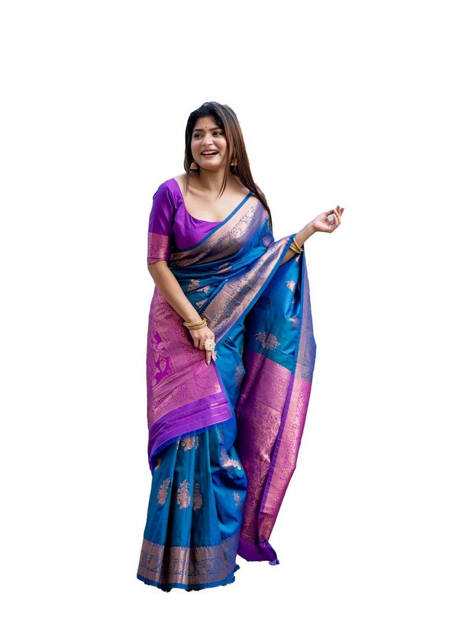 NK Textiles Women's Floral Butta Copper Zari Woven Multicolored Banarasi Silk Saree with Blouse (8 COLORS) - Image 1