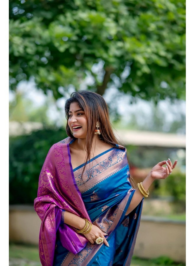 NK Textiles Women's Floral Butta Copper Zari Woven Multicolored Banarasi Silk Saree with Blouse (8 COLORS) - Image 4