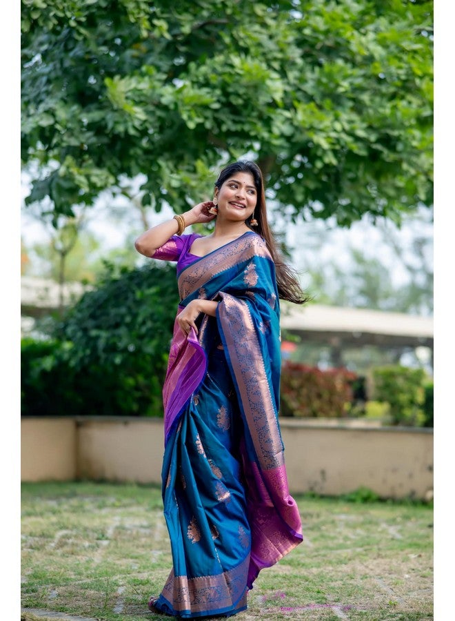 NK Textiles Women's Floral Butta Copper Zari Woven Multicolored Banarasi Silk Saree with Blouse (8 COLORS) - Image 2