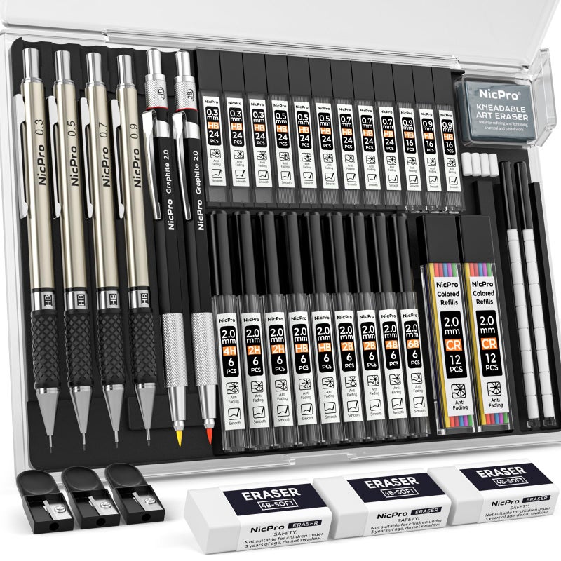 Nicpro 37PCS Art Mechanical Pencil Set 4PCS Metal Drafting Pencil 03mm 05 mm 07 mm 09 mm 2PCS 2mm Lead Holder 6B 4B 2B HB 2H 4H Colors For Sketching Drawing With 23 Tube Lead Refills Case - Image 2