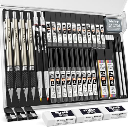 Nicpro 37PCS Art Mechanical Pencil Set 4PCS Metal Drafting Pencil 03mm 05 mm 07 mm 09 mm 2PCS 2mm Lead Holder 6B 4B 2B HB 2H 4H Colors For Sketching Drawing With 23 Tube Lead Refills Case - Image 1