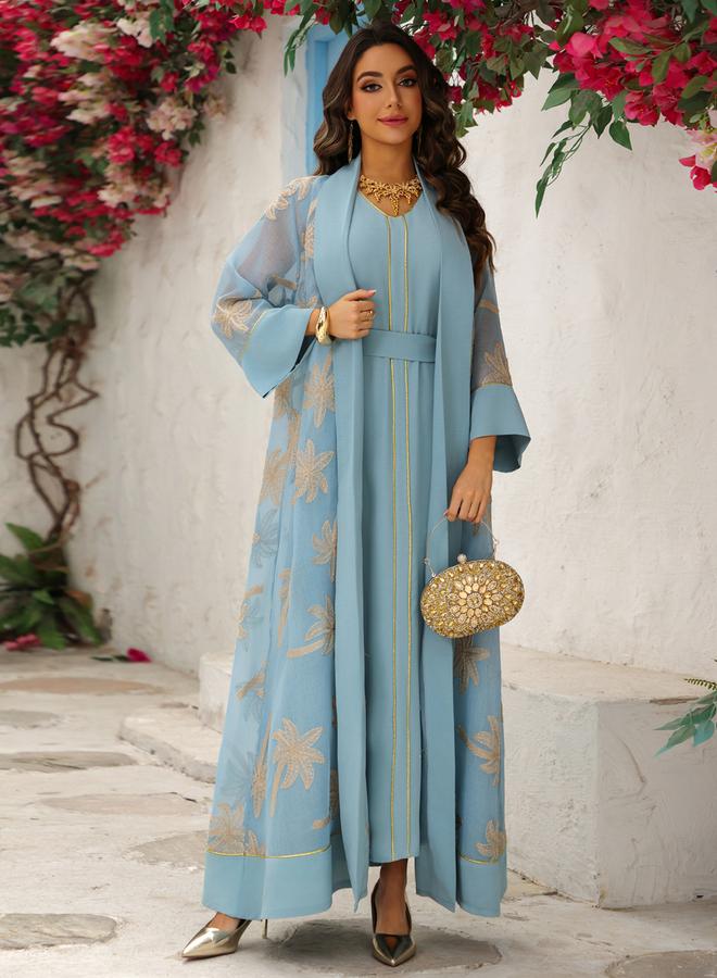 Take Two Blue Embroidered Dress with Abaya Set - Image 3