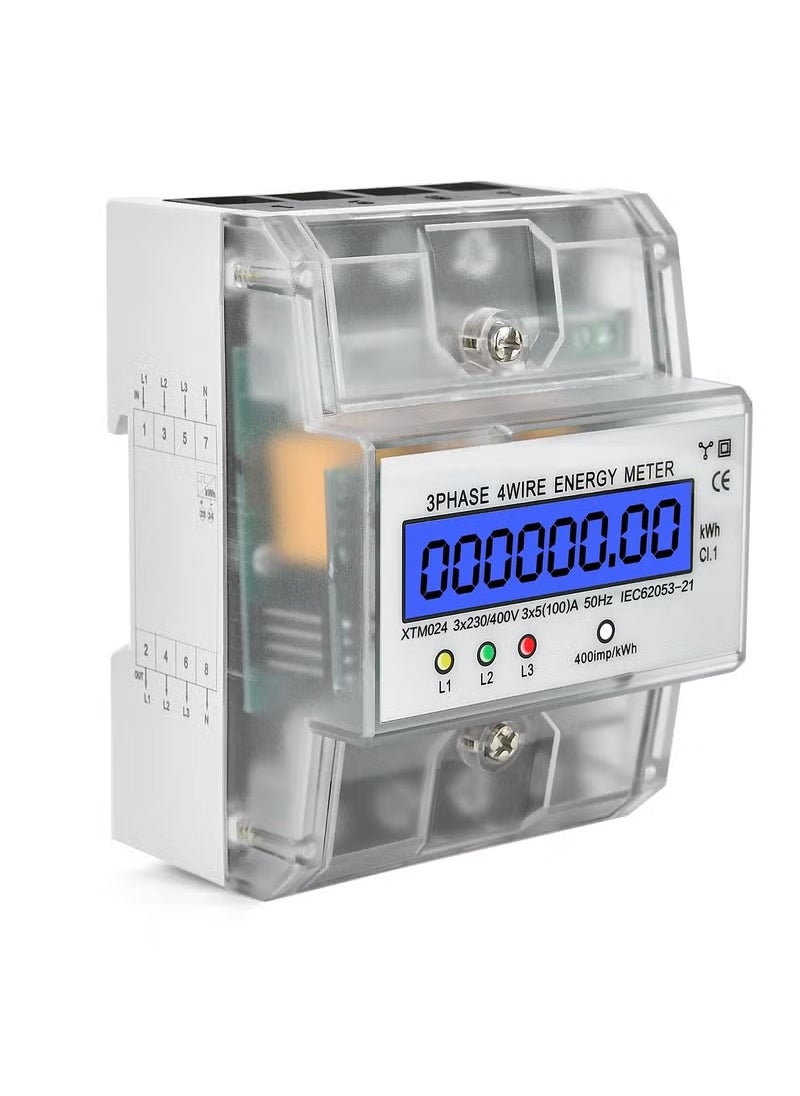 Generic - Digital 3 Phase Electricity Meter, Calibrated Three Wire Current Meter for 230/400V Power Systems, Top Hat Rail Mounted with LCD Display (5-100A) - Image 1