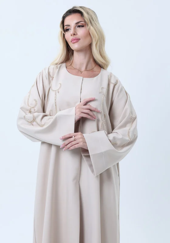 MSquare Fashion Beige Mélange Hand Embroidered Abaya with Matching Headscarf