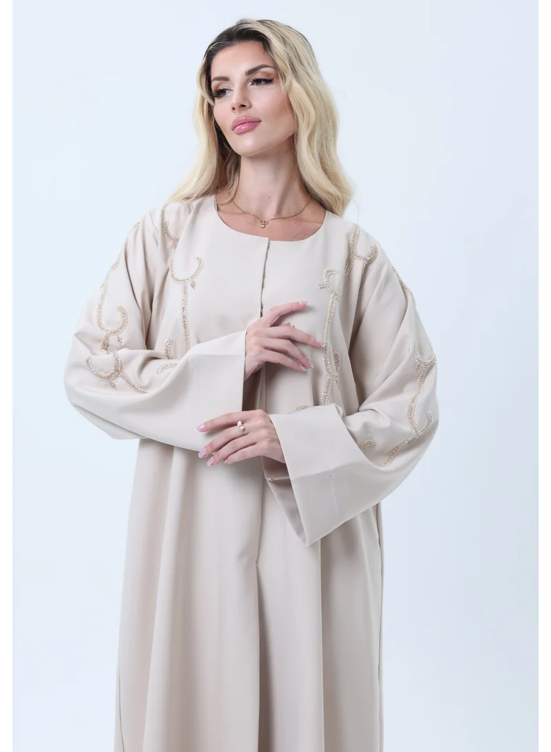 MSquare Fashion  Beige Mélange Hand Embroidered Abaya with Matching Headscarf for Women | Best Price UAE