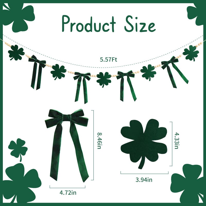 Craflox St. Patrick's Day Garland Decor, St. Patrick's Day Felt Shamrock Garland for Mantel, Felt Shamrock Velvet Bow Fireplace Garlands, St. Patrick's Hanging Banner Decorations for Home - Image 3