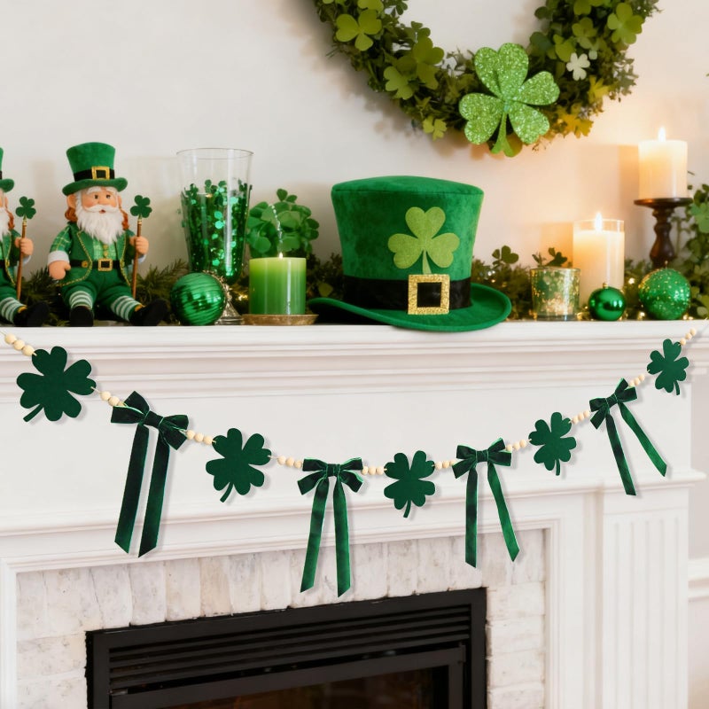 Craflox St. Patrick's Day Garland Decor, St. Patrick's Day Felt Shamrock Garland for Mantel, Felt Shamrock Velvet Bow Fireplace Garlands, St. Patrick's Hanging Banner Decorations for Home - Image 1