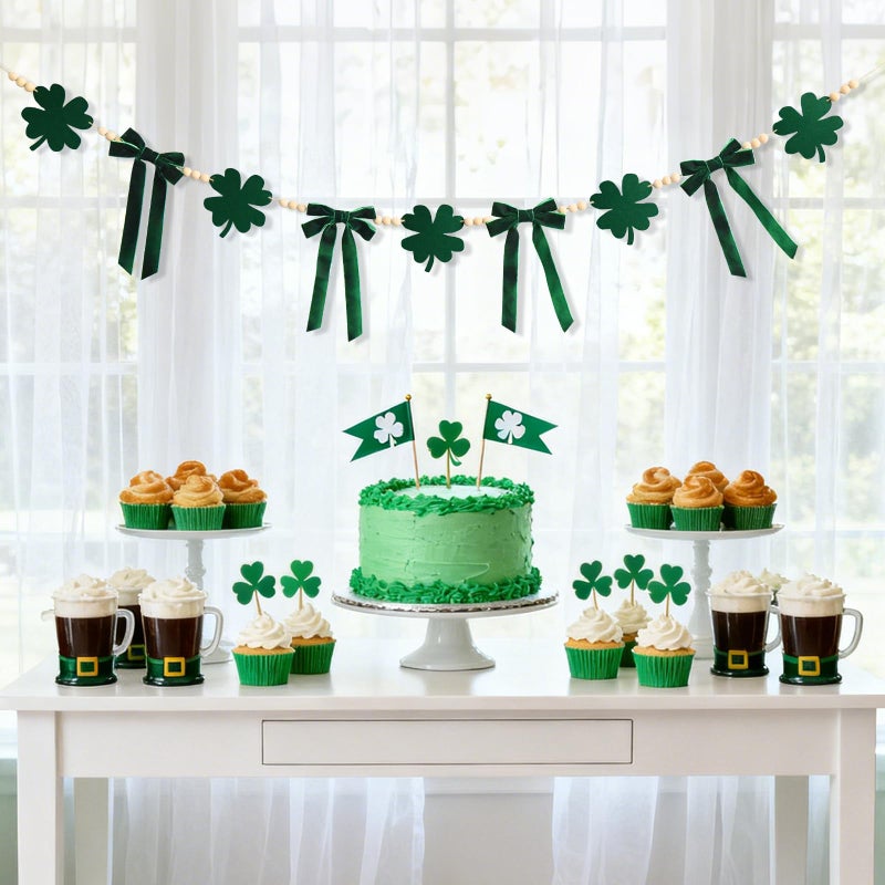 Craflox St. Patrick's Day Garland Decor, St. Patrick's Day Felt Shamrock Garland for Mantel, Felt Shamrock Velvet Bow Fireplace Garlands, St. Patrick's Hanging Banner Decorations for Home - Image 4