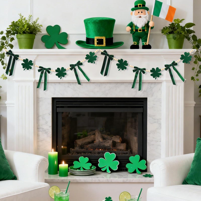 Craflox St. Patrick's Day Garland Decor, St. Patrick's Day Felt Shamrock Garland for Mantel, Felt Shamrock Velvet Bow Fireplace Garlands, St. Patrick's Hanging Banner Decorations for Home - Image 2