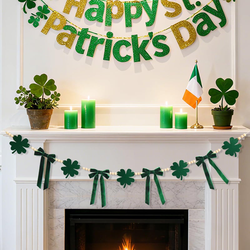 Craflox St. Patrick's Day Garland Decor, St. Patrick's Day Felt Shamrock Garland for Mantel, Felt Shamrock Velvet Bow Fireplace Garlands, St. Patrick's Hanging Banner Decorations for Home - Image 5