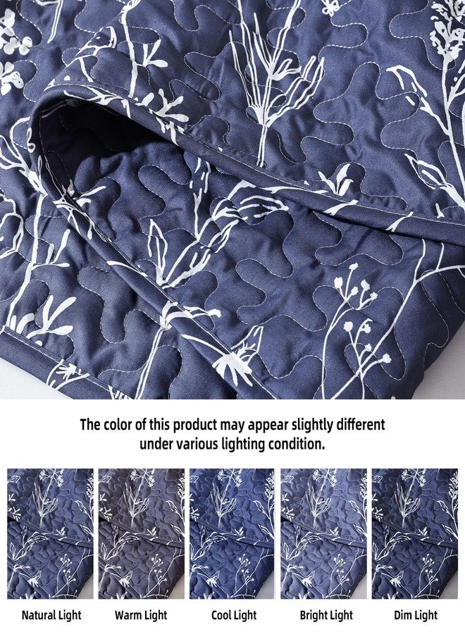 JANZAA Quilts Queen Size Navy Blue Floral Queen Quilt Bedding Set Microfiber Boho Bedspread Lightweight Reversible Coverlet 1 Quilt 90x90 inches with 2 Pillow Cases - Image 4