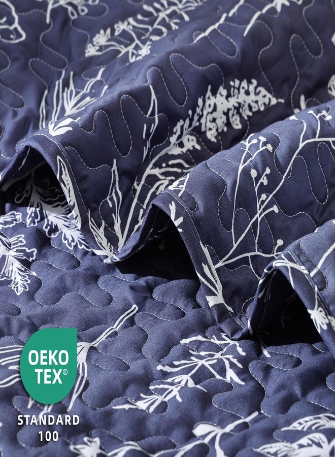 JANZAA Quilts Queen Size Navy Blue Floral Queen Quilt Bedding Set Microfiber Boho Bedspread Lightweight Reversible Coverlet 1 Quilt 90x90 inches with 2 Pillow Cases - Image 2