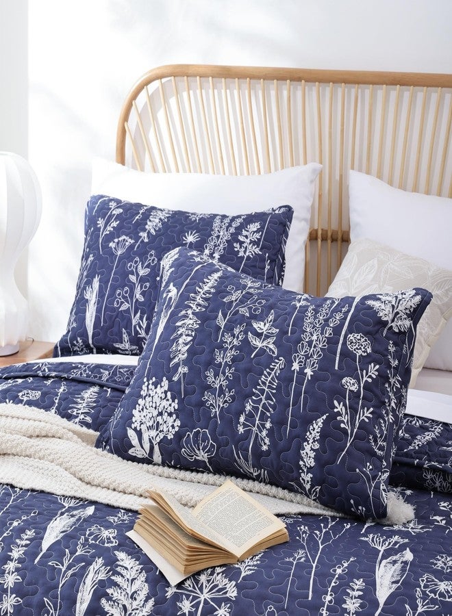 JANZAA Quilts Queen Size Navy Blue Floral Queen Quilt Bedding Set Microfiber Boho Bedspread Lightweight Reversible Coverlet 1 Quilt 90x90 inches with 2 Pillow Cases - Image 3