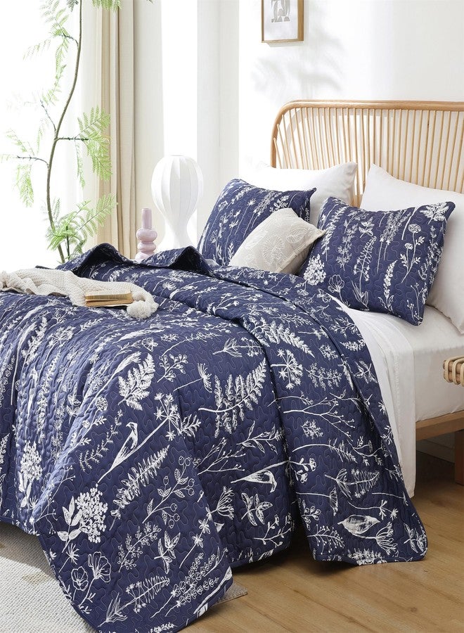 JANZAA Quilts Queen Size Navy Blue Floral Queen Quilt Bedding Set Microfiber Boho Bedspread Lightweight Reversible Coverlet 1 Quilt 90x90 inches with 2 Pillow Cases - Image 5