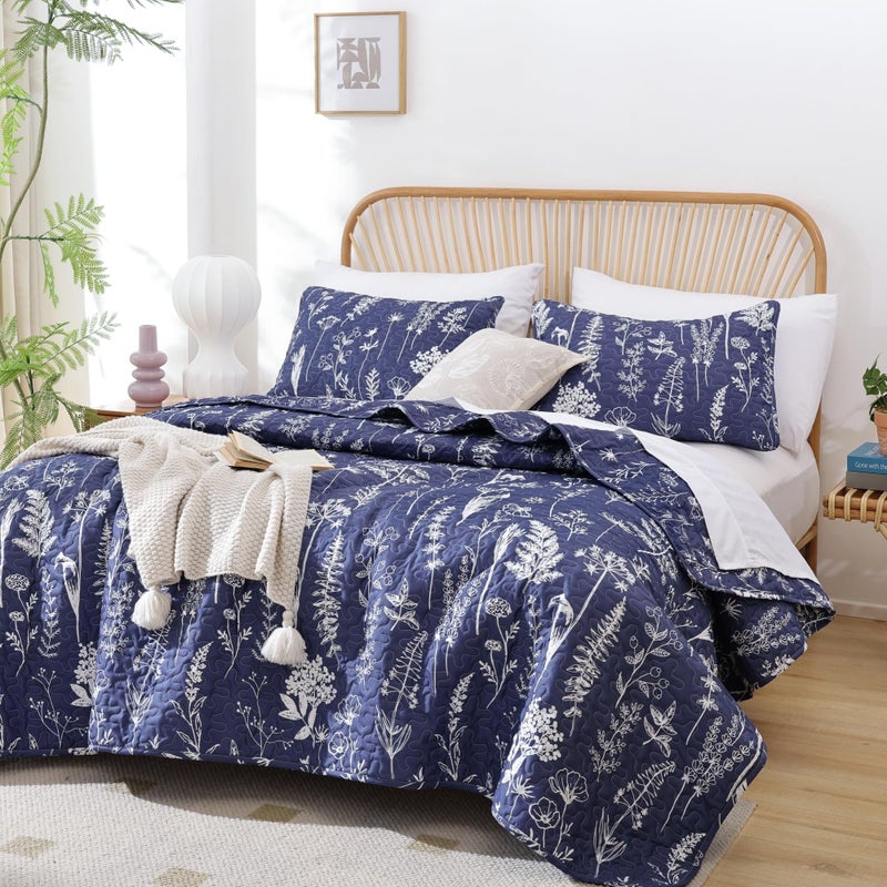 JANZAA Quilts Queen Size Navy Blue Floral Queen Quilt Bedding Set Microfiber Boho Bedspread Lightweight Reversible Coverlet 1 Quilt 90x90 inches with 2 Pillow Cases - Image 1