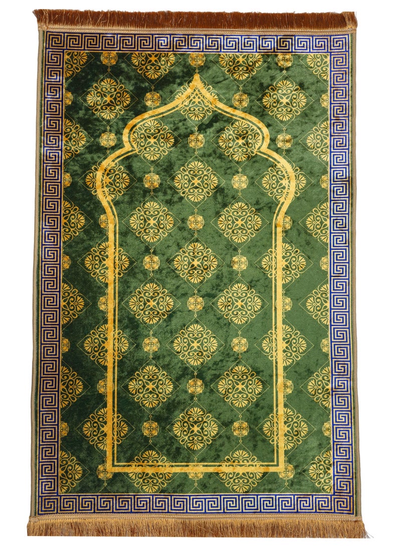 فابينني سجادة صلاة فاخرة 70×110 سم، سجادة إسلامية مخملية مطبوعة بقاعدة مانعة للانزلاق وشرابات لامعة، خفيفة الوزن وقابلة للحمل، هدية لرمضان والعيد والحج والعمرة، أخضر/ذهبي - Image 1