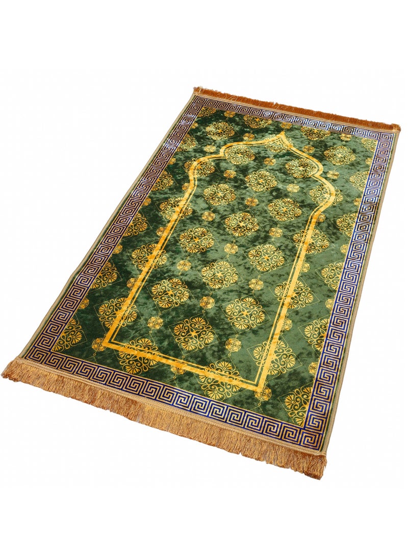 فابينني سجادة صلاة فاخرة 70×110 سم، سجادة إسلامية مخملية مطبوعة بقاعدة مانعة للانزلاق وشرابات لامعة، خفيفة الوزن وقابلة للحمل، هدية لرمضان والعيد والحج والعمرة، أخضر/ذهبي - Image 2