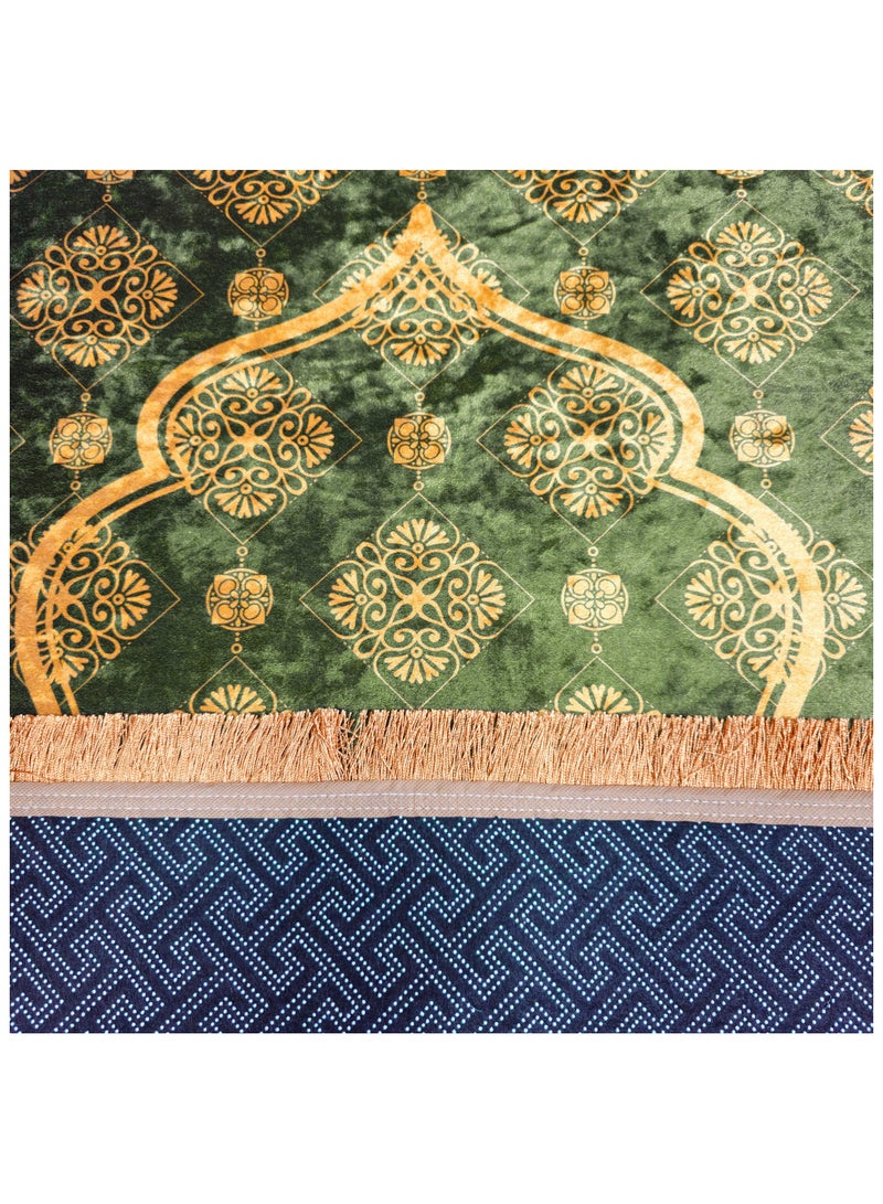 فابينني سجادة صلاة فاخرة 70×110 سم، سجادة إسلامية مخملية مطبوعة بقاعدة مانعة للانزلاق وشرابات لامعة، خفيفة الوزن وقابلة للحمل، هدية لرمضان والعيد والحج والعمرة، أخضر/ذهبي - Image 3