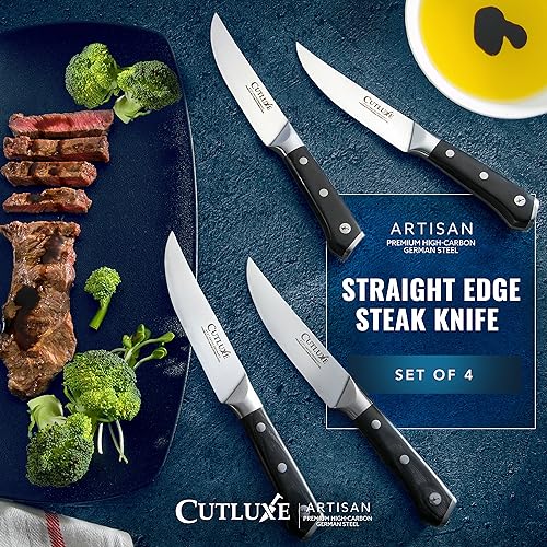 Cutluxe Steak Knives Set of 4, Straight Edge Steak Knife Set – Forged High Carbon German Steel, Full Tang, Ergonomic Handle Design – Artisan Series - Image 4