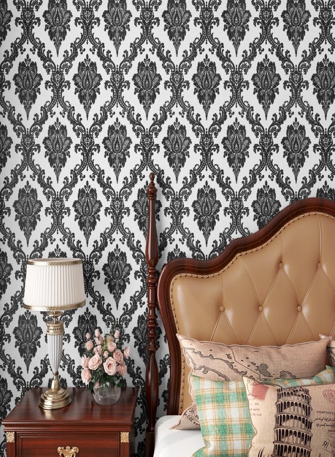 ReWallpaper ورق جدران من ReWallpaper باللونين الأبيض والأسود بتصميم دمشقي، قابل للإزالة واللصق، ورق جدران فيكتوري أسود عتيق لغرفة النوم، ورق جدران ذاتي اللصق قابل للإزالة، ورق جدران زهري داكن للخزائن والأدراج، مقاس 17.7 بوصة × 6.5 قدم - Image 2