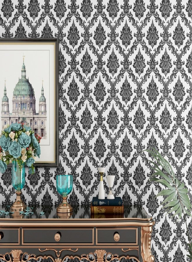 ReWallpaper ورق جدران من ReWallpaper باللونين الأبيض والأسود بتصميم دمشقي، قابل للإزالة واللصق، ورق جدران فيكتوري أسود عتيق لغرفة النوم، ورق جدران ذاتي اللصق قابل للإزالة، ورق جدران زهري داكن للخزائن والأدراج، مقاس 17.7 بوصة × 6.5 قدم - Image 1