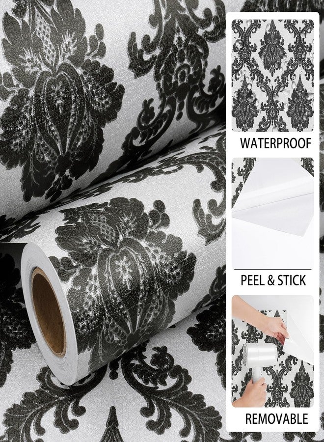ReWallpaper ورق جدران من ReWallpaper باللونين الأبيض والأسود بتصميم دمشقي، قابل للإزالة واللصق، ورق جدران فيكتوري أسود عتيق لغرفة النوم، ورق جدران ذاتي اللصق قابل للإزالة، ورق جدران زهري داكن للخزائن والأدراج، مقاس 17.7 بوصة × 6.5 قدم - Image 4
