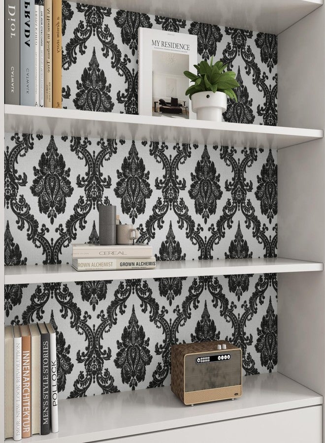 ReWallpaper ورق جدران من ReWallpaper باللونين الأبيض والأسود بتصميم دمشقي، قابل للإزالة واللصق، ورق جدران فيكتوري أسود عتيق لغرفة النوم، ورق جدران ذاتي اللصق قابل للإزالة، ورق جدران زهري داكن للخزائن والأدراج، مقاس 17.7 بوصة × 6.5 قدم - Image 5