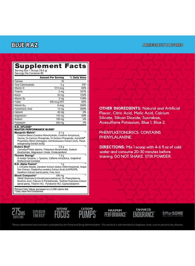 BSN N.O.-XPLODE Pre Workout Powder, Energy Supplement for Men and Women with Creatine and Beta-Alanine, Flavor: Blue Raz, 60 Servings - Image 2