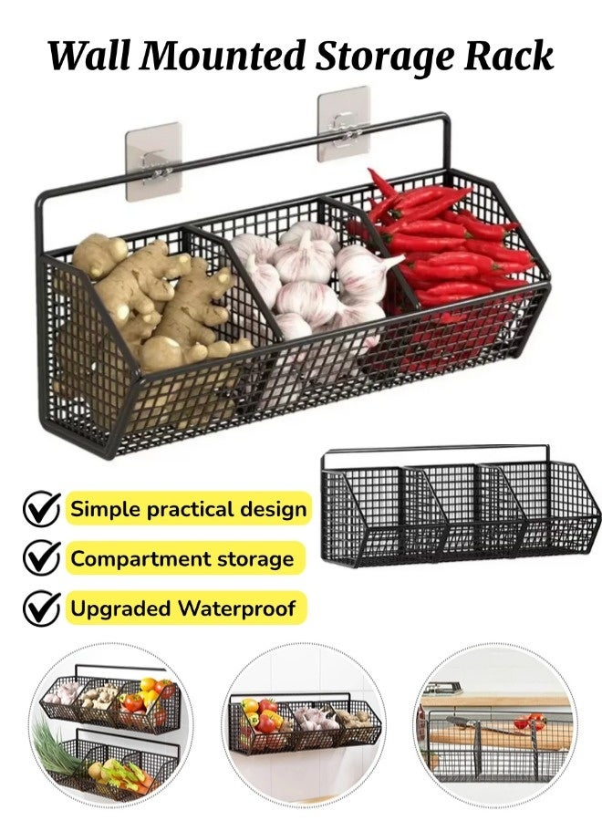 3 Grids Wall Mounted Storage Rack, Onion Ginger Garlic Storage Basket, Kitchen Vegetable Seasoning Storage Organizer, Large & Deep Sturdy Storage Rack, Suitable for Kitchen, Bathroom, Living Room (Black, 36*11*15 Cm) - Image 1