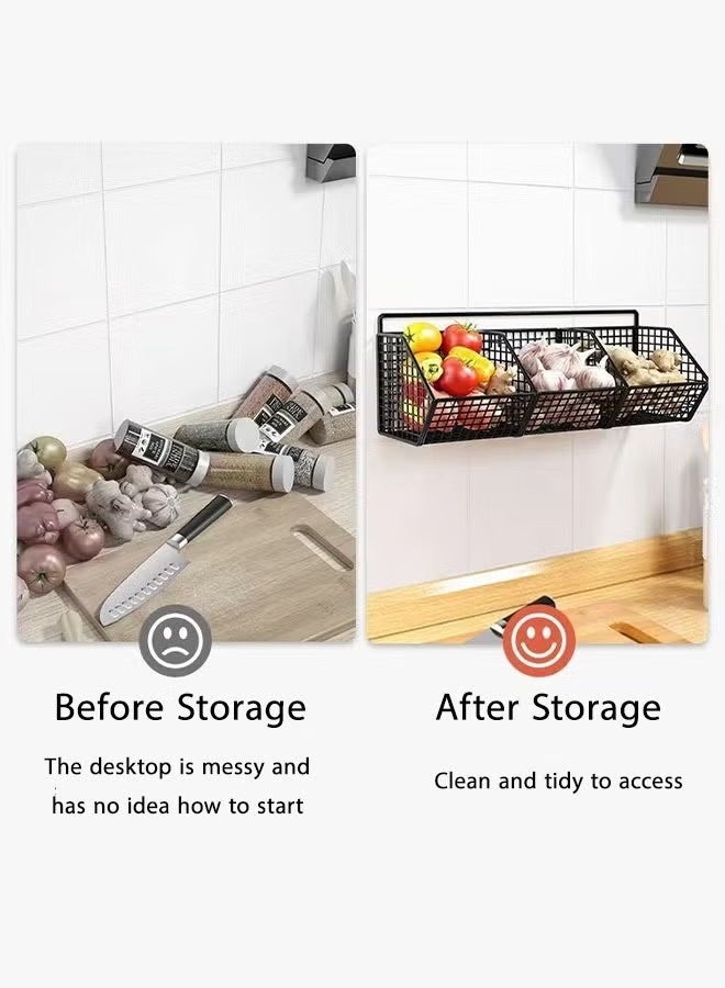 3 Grids Wall Mounted Storage Rack, Onion Ginger Garlic Storage Basket, Kitchen Vegetable Seasoning Storage Organizer, Large & Deep Sturdy Storage Rack, Suitable for Kitchen, Bathroom, Living Room (Black, 36*11*15 Cm) - Image 3
