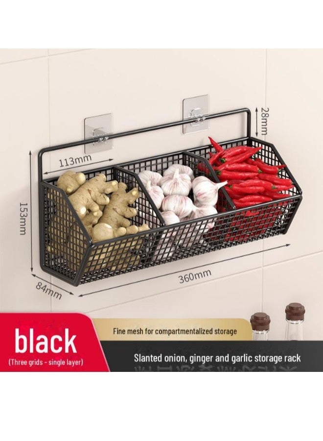 3 Grids Wall Mounted Storage Rack, Onion Ginger Garlic Storage Basket, Kitchen Vegetable Seasoning Storage Organizer, Large & Deep Sturdy Storage Rack, Suitable for Kitchen, Bathroom, Living Room (Black, 36*11*15 Cm) - Image 2