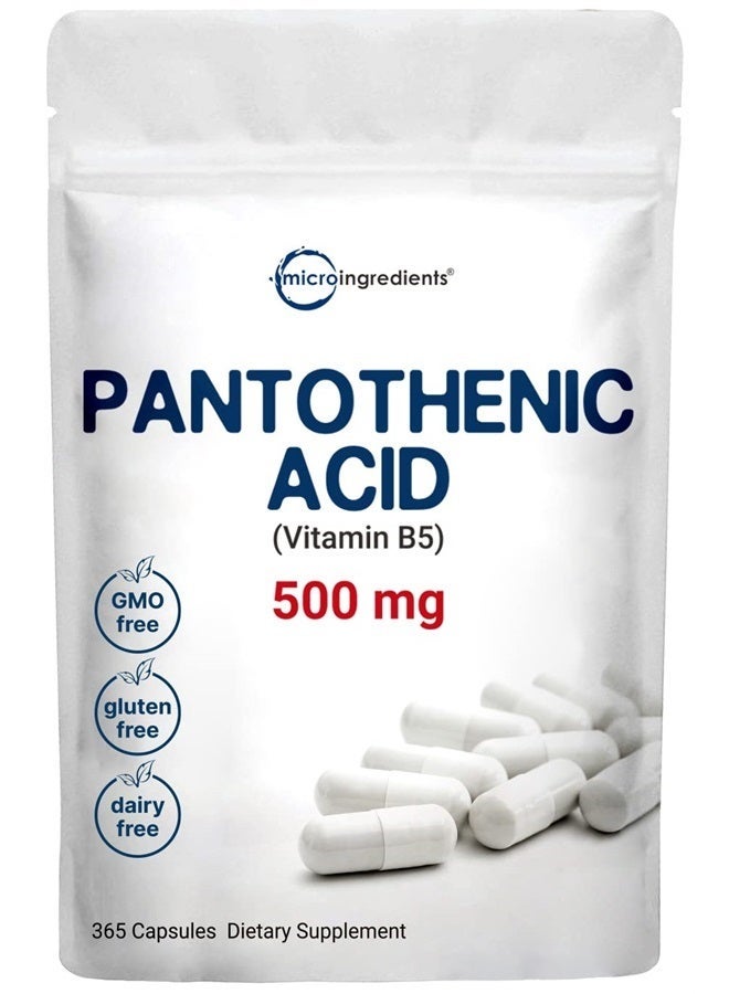 Micro Ingredients مكمل حمض البانتوثنيك فيتامين ب5، فيتامين ب5 500 ملغ لكل عدد، 365 كبسولة (إمداد لمدة سنة)، فيتامين ب المركب، دعم إنتاج الطاقة والجهاز العصبي، غير معدل وراثيًا - Image 2
