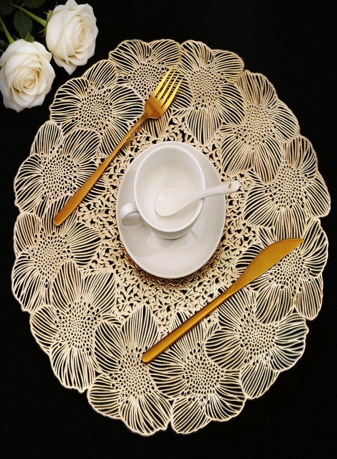 Quantum Love Gold Round Placemats Set of 6 Flower Metallic Circle Vinyl Place Mats 15 Inch Wipeable Hollow Out Table Mat for Anniversary Wedding Events Kitchen - Image 2