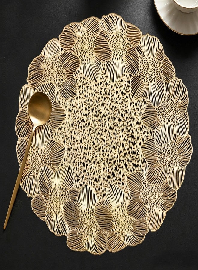 Quantum Love Gold Round Placemats Set of 6 Flower Metallic Circle Vinyl Place Mats 15 Inch Wipeable Hollow Out Table Mat for Anniversary Wedding Events Kitchen - Image 1