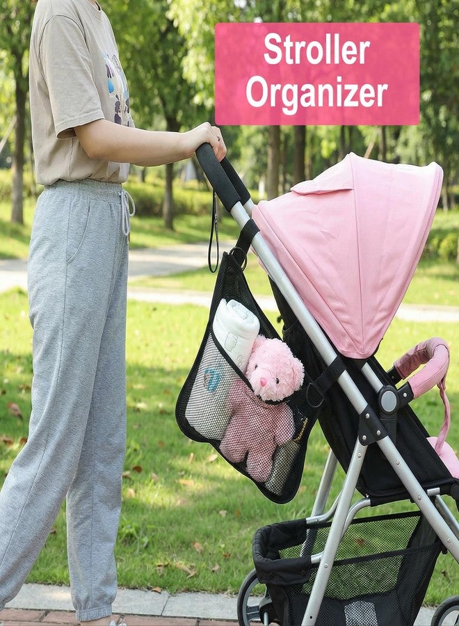 WJIAAA 2 Pack Side Sling Stroller Organizer, Universal Portable Side Sling Stroller with Mesh Cargo Net, Black Adjustable Mesh Storage Bag with Non-Slip Straps for Extra Cargo Space - Image 2