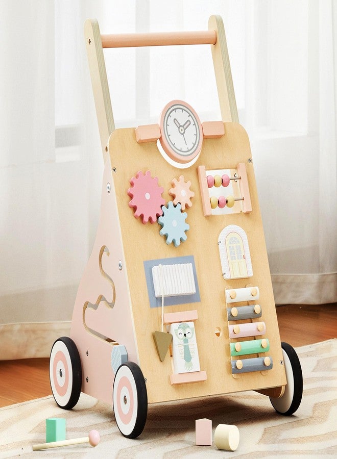 Tltaroni Wooden Baby Walker, Baby Push Walker with Wheels Multiple Learning Activity Center Baby Walker Adjustable Height and Speed for Girls Ages 9+ Months, Pink - Image 1