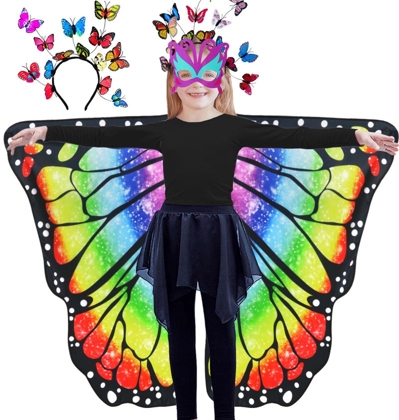 D.Q.Z Double-Sided Fairy Butterfly-Wings Costume for Girls Kids Dress-Up Halloween Costumes Mask Headband as Gifts (Rainbow) - Image 1