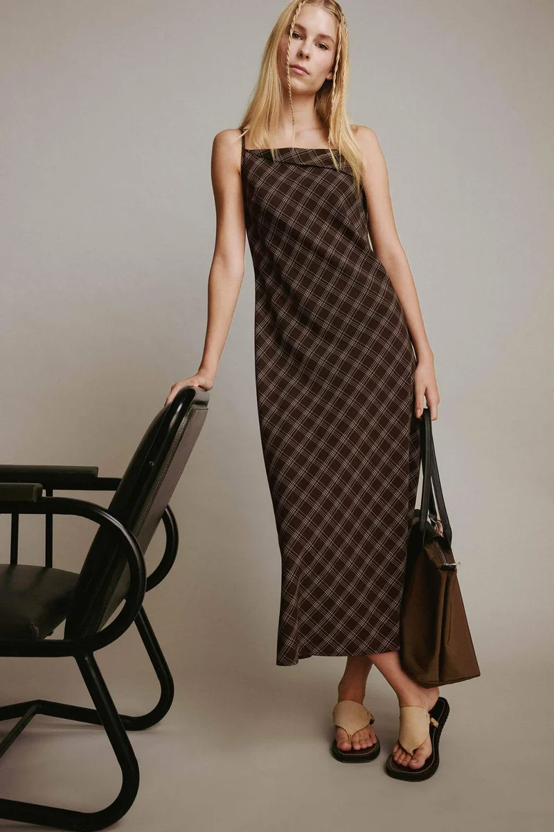 Cross Neck Plaid Strappy Midi Dress