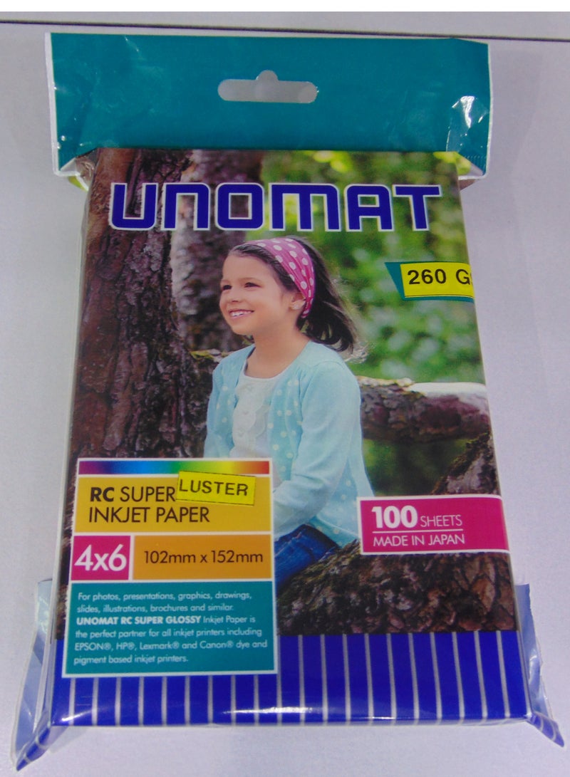 Generic UNOMAT Premium RC Super Luster Inkjet Photo Paper – 4x6 Inches – 260 GSM – 100 Sheets – Made in Japan  - Image 1