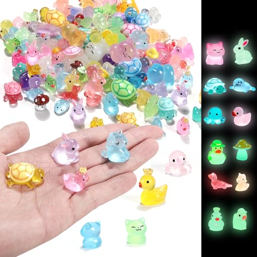 IHFAIO 100PCs Mini Resin Animals Mini Ducks Unicorns Rabbits Dolphin Frog Dinosaur Cat Luminous Animals Glow in The Dark to Hide Around The Office Home for DIY Garden Dollhouse Combination - Image 1