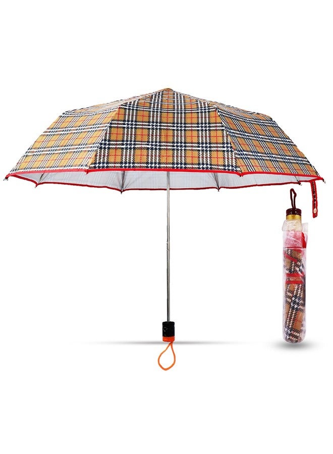 Aseenaa Windproof Folding Check Umbrella For Women And Men | Short 3 Fold Stylish Umbrella For Heavy Rain And Sun For Girls Boys And Mens | 8ribs, D-112cm, L-96cm, H-58cm | (Brown) - Image 1