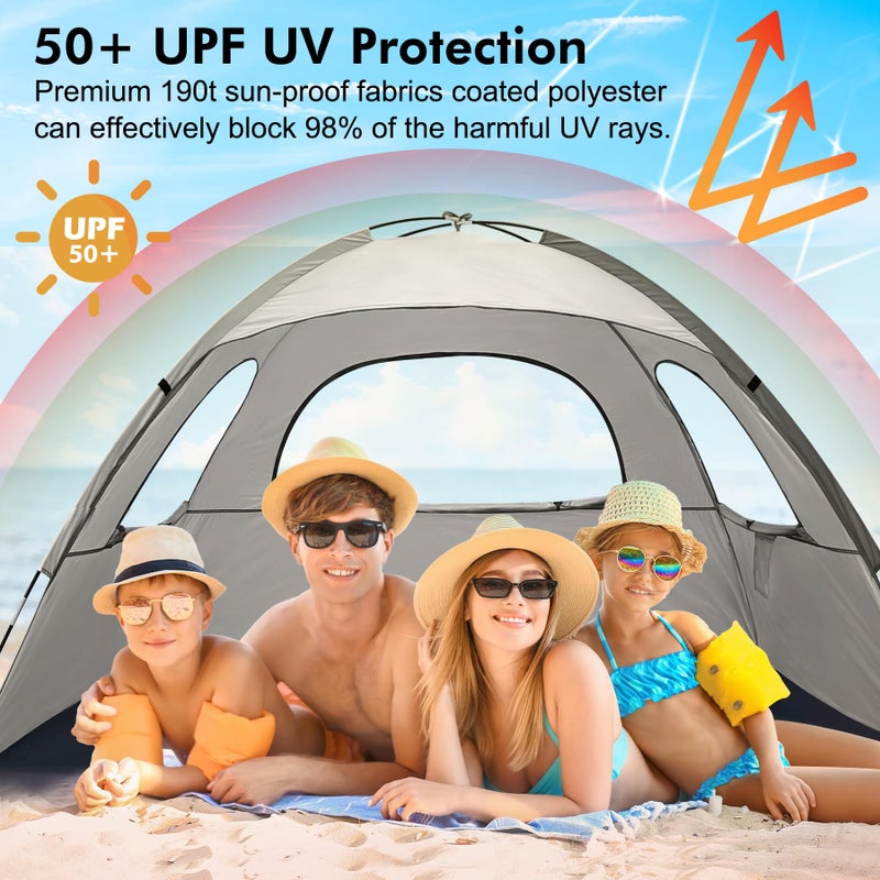 WhiteFang Beach Tent Anti-UV Portable Sun Shade Shelter for 4 Person, Extendable Floor with 3 Ventilating Mesh Windows Plus Carrying Bag, Stakes and Guy Lines (Baby's Breath) - Image 3