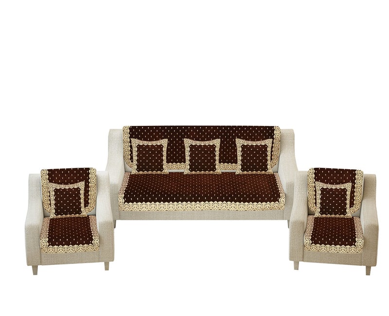 jayvaam Premium 5 Seater Printed Sofa Cover Set with Cushion Cover 3, 2 Seater 10 Piece Sofa Back Slip Panels, Covers, Protector for Single Seater, 30 x 30 x 5 cm, Coffee,Chenille - Image 2